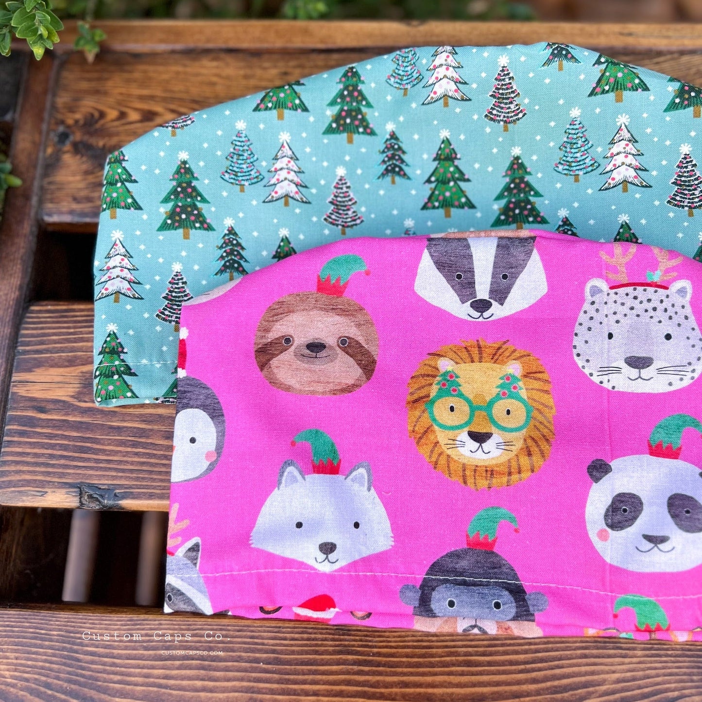 Woodland Christmas Animals on Hot Pink | Modified Bouffant - Custom Caps Co. 