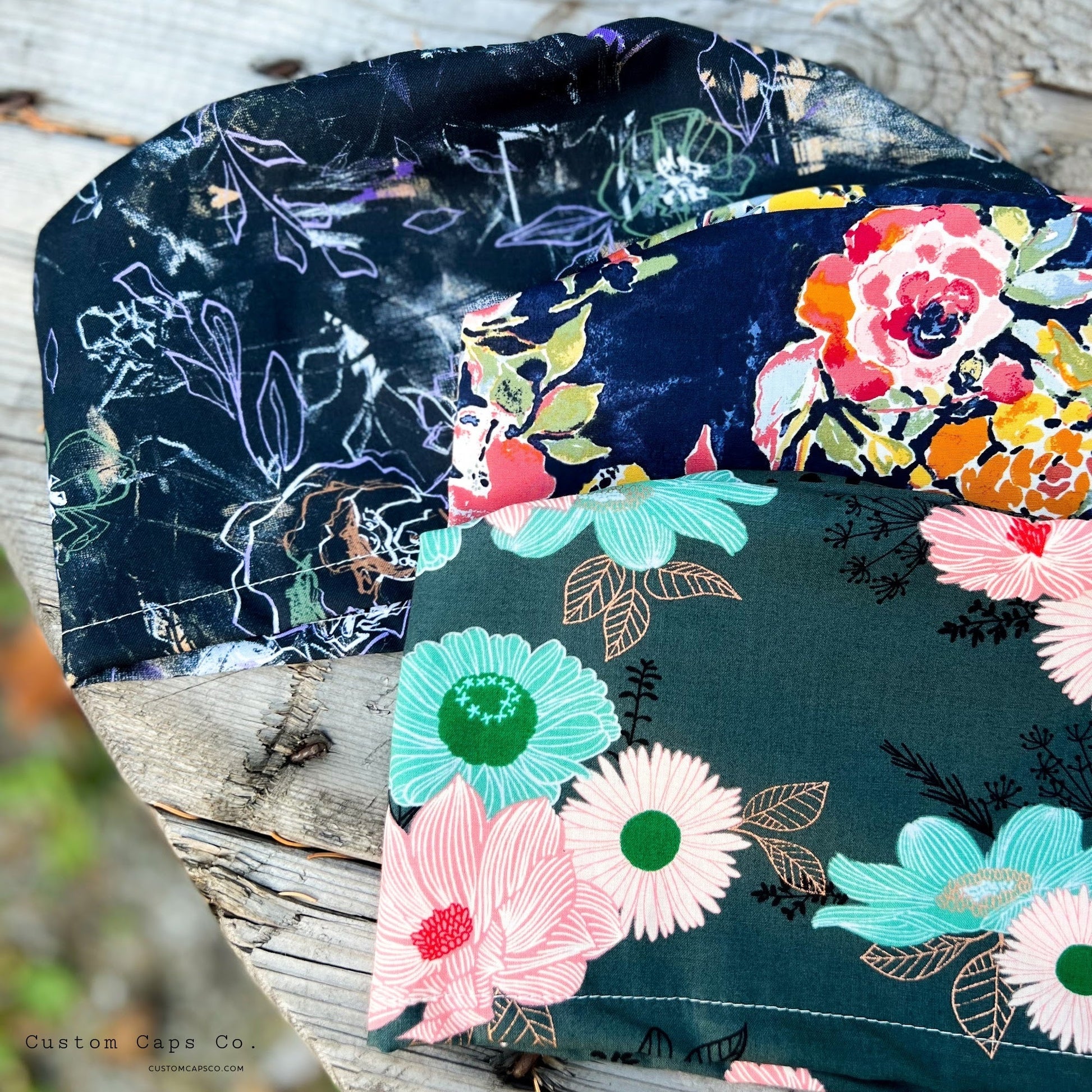 Retro Florals on Teal | Metallic | Modified Bouffant - Custom Caps Co. 