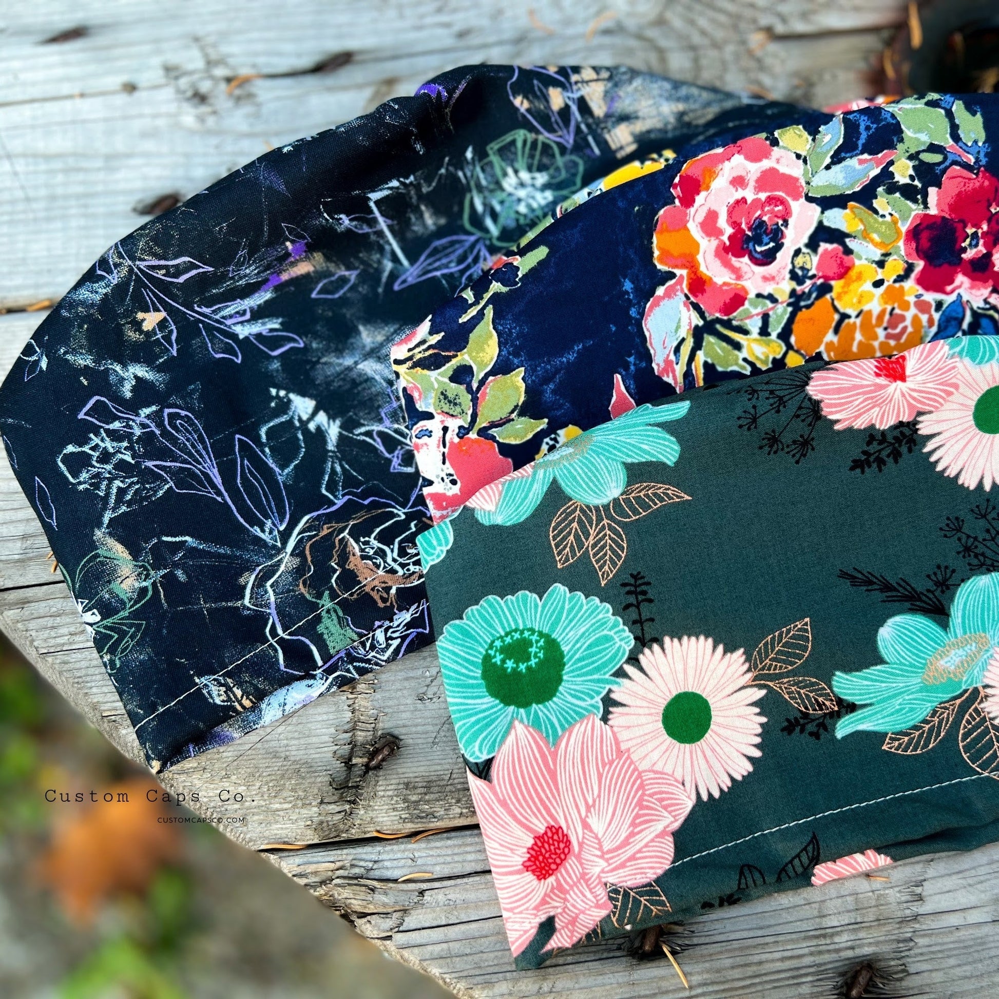 Retro Florals on Teal | Metallic | Modified Bouffant - Custom Caps Co. 